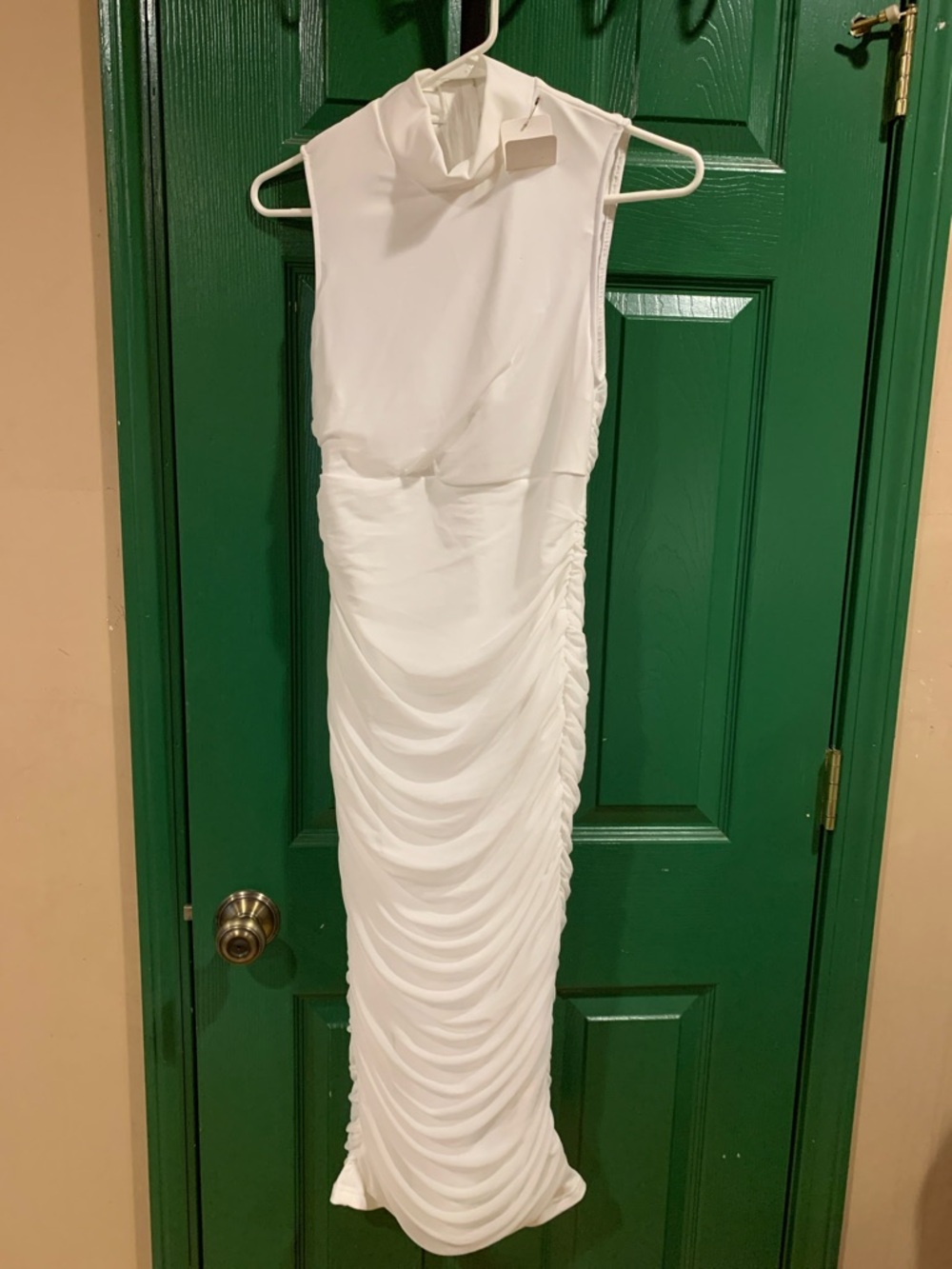 Sleeveless White Ruched Column Dress